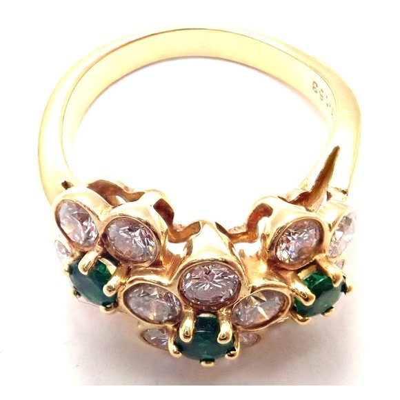 Authentic! Van Cleef & Arpels 18k Yellow Gold Emerald Diamond Fleurette Ring - Picture 7 of 9